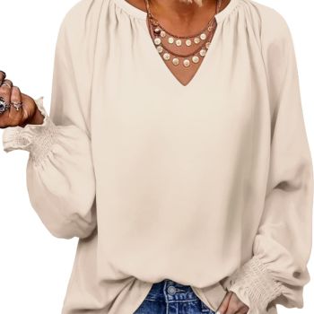 Womens Spring Summer Fashion Smocked Long Sleeve Shirts V Neck Fall Chiffon Tunic Tops Loose Fit Solid Color Casual Plus Size Stylish T Shirts Business Apricot Blouses for Women M