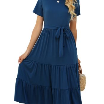 Blue Dress Women's Casual Summer Tiered Midi Dresses Ruffle Babydoll Belted Boho Sundress
