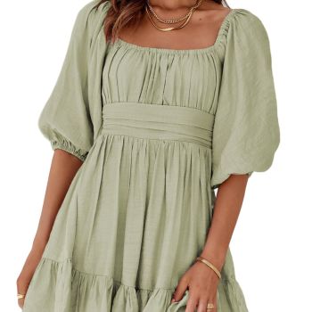 Women's Square Neck Off The Shoulder Dresses Tie Back Lantern Sleeve Ruffle A-Line Grey Mini Casual Spring Dress Shirred Elastic Waist for Women 2024 Small