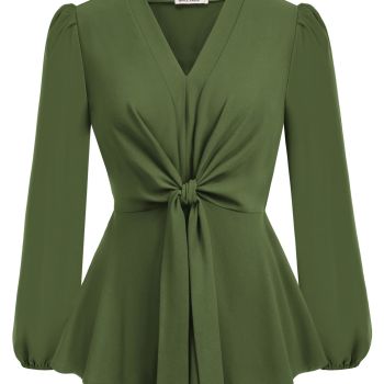 Olive Green Peplum Tops for Women V Neck Tie Front Work Shirts Tops Dressy L