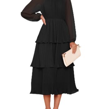 Women's 2024 Long Sleeve Crew Neck Ruffle Tiered Layered Chiffon Flowy Swing Long Midi Dress,Black,X-Large