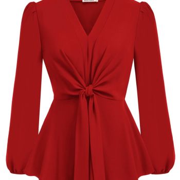 Red Peplum Tops for Women V Neck Tie Front Work Shirts Tops Dressy M