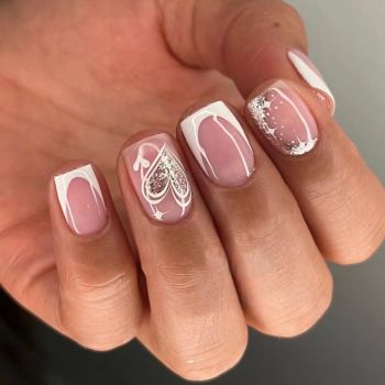 Valentines Day Press on Nails French Tip Fake Nails Short Square False Nails White Acrylic Nails Cute Heart Stick on Nails