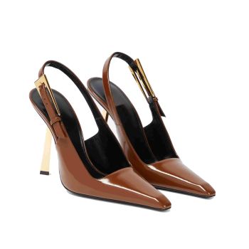 Women's Slingback Stiletto High Heels Square Toe Metal Buckle Pumps Backless Patent Leather Fashion Dress Shoes for Women Brown