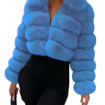 Women Fluffy Faux Fur Coat Cropped Jacket Puffer Jacket Zip Up Winter Warm Fuzzy Teddy Jacket (Large,Blue)