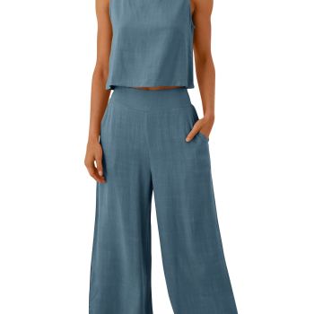 Women's 2 Piece Outfits Summer Sleeveless Tank Cropped Top Wide Leg Pants Linen Set Matching Lounge Set Fashion Spring Beach Vacation 546Hulv-L