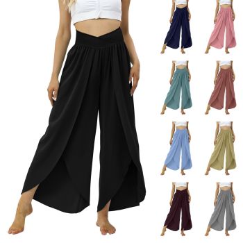 Womens Petite Wide Leg Pants Smocked Waisted Pleated Split Lounge Capri Trouser Comfy Hippie Pants Dance Sweatpants A-Black