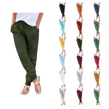 Womens Elastic Waist Pants Cotton Linen Drawstring Pants Straight Wide Leg Lounge Comfy Solid Color Summer Trousers