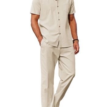 Mens Coordinated Outfit 2 Piece Linen Set Button Up Loose Shirt Elastic Waist Baggy Pants Suit