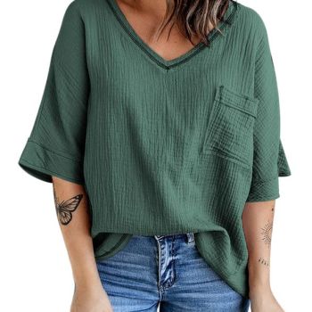 Womens Juniors Elegant Casual Spring Summer Shirts and Blouses for Women 2024 T-Shirts V Neck 3/4 Sleeve Cotton Tunic Tops Loose Shirts