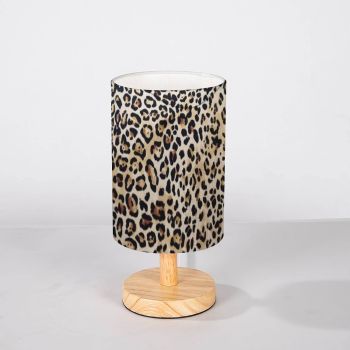 Minimalist Bedside Table Lamp Luxury Leopard Background Animal Print Cheetah Solid Wood Nightstand Desk Base Flaxen Fabric Shade for Bedroom Living Room