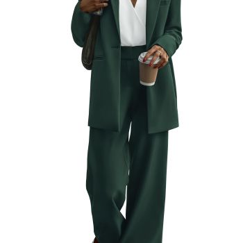 Women's 2024 Fall 2 Piece Outfits Business Casual Blazer Jacket and Wide Leg Pants Pockets Suit Sets (Dark Green,Large)