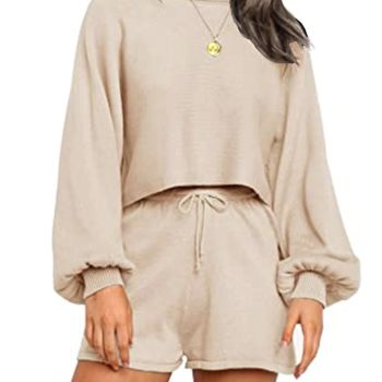 Women's Pajama Sets 2 Piece Outfits Long Puff Sleeve Knit Top and Shorts Sweater Sweatsuit Set Apricot S