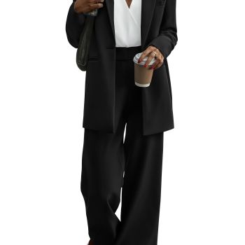 Women's 2024 Fall Two Piece Outfits Blazer Jacket and Wide Leg Pants Pockets Business Casual Suit Sets (Black,Medium)