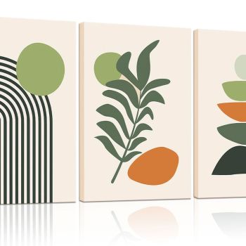 3 Pieces Framed Boho Canvas Wall Art Sage Green Plant Picture Sun Abstract Poster Painting Black Beige Wall Decor Mid Century Modern Minimalist Artwork For Living Room Bedroom Bathroom Kitchen Office