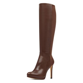 Womens Knee High Boots Brown Platform Boots Stiletto Heel Platform Boots Round Toe Go Go Boots Long Boots Zipper Size 7.5