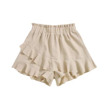 Women's Boho Paperbag Waist Ruffle Hem Elastic High Waist Cropped Shorts Beige XS