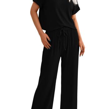 Women's Summer 2 Piece Knit Loungewear Short Sleeve T Shirts Wide Leg Pants Tracksuit Casual Outfits (Black,Large)