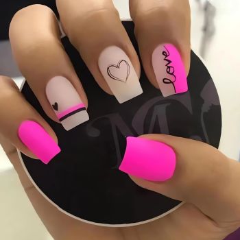 Valentines Press on Nails Medium Length Fake Nails Cute Heart Glue on Nails Valentine’s Day Nail Art Decorations Square Shape Pink Stick on Nails for Women Finger Manicure