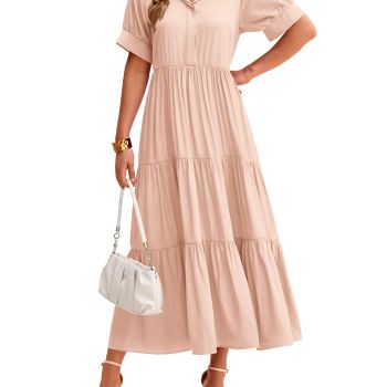 Woman Elegant Button V Neck Bohemian Beach Dresses Summer Vacation Outfits Soft Maxi Dress