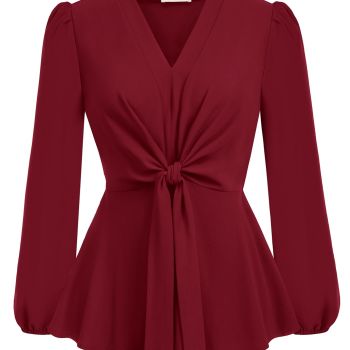 Women's Wine Red Peplum Tops V Neck Bell Sleeve Tops Tie Front Elegant Work Blouses L
