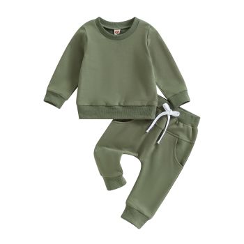 Toddler Baby Boys Fall Outfits Long Sleeve Pull On Sweatshirt Elastic Waist Pants 2Pcs Solid Clothes Set