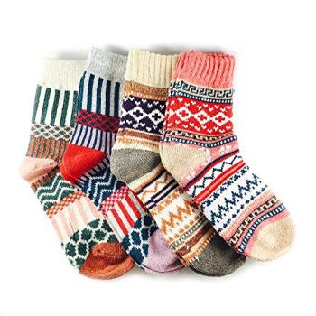 3-5 Pairs Womens Multicolor Fashion Warm Wool Cotton Thick Winter Crew Socks (4 Pairs Mix 1)