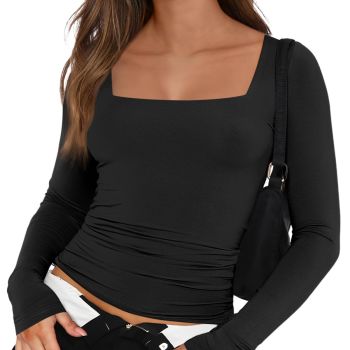 Womens Long Sleeve Shirts 2024 Basic Crop Tops Fashion Slims Fitted Y2k Workout Clothes Square Neck Going Out Spring Outfits Black