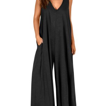 Women's One Piece Jumpsuits Summer Loose Casual Sleeveless Rompers V Neck Tank Wide Leg Long Pants Jumpers