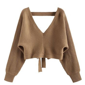 Women's V Neck Cropped Sweater Ribbed Knit Pullover Tops Sexy Drop Shoulder Jumpers