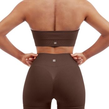 Women Two Piece Seamless Ribbed Workout Sets Outfits Backless Halter Sports Bra Booty Biker Shorts (Dark Brown