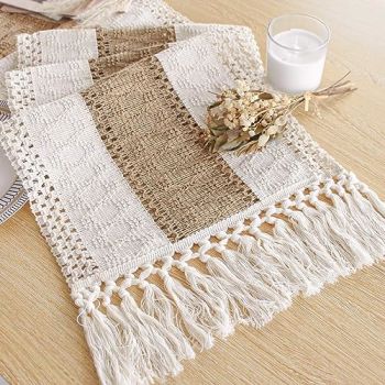 Boho Table Runner 108 Inches Long for Home Decor Farmhouse Table Runner Cream & Brown Rustic Macrame Table Runner