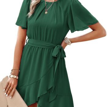 Spring Dresses for Women 2024 Ruffle Chiffon Crewneck Short Sleeve Wrap Tie Waist Casual Eleagnt Cute Cocktail Wedding Guest A-Line Flowy Swing Solid Color Mini Dress Green X-Large