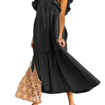 Women Dresses Sun Maxi Dresses for Women 2024 Casual Cute Ruffle Hemline Skirt Womens Dresses Off Shoulder Style Spring Summer Beach Vacation Dresses Black