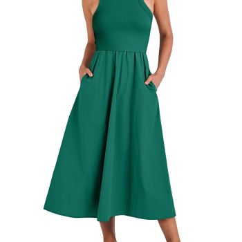 Sundresses for Women Summer Casual Crew Neck Sleeveless Flowy Swing A-Line Racerback Knit Fit & Flare Midi Beach Travel Holiday Tank Top Dress 2024 Trendy Dressy Clothing A1464lvse-M
