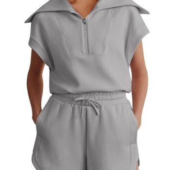 Women 2 Piece Outfits Sweatsuit Sets Quarter Zip Cap Short Sleeve Pullover Tops Cozy High Waist Shorts Pants Trendy 2024 Spring Break Sport Workout Athletic Lounge Clothes 1301qianhui-M