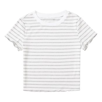 Women's Striped Ringer Crop Top Summer Short Sleeve T-Shirts White Grey XL