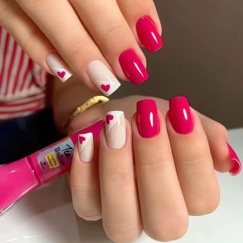 Heart Press on Nails Medium Fake Nails Square Shape Glue on Nails Glossy Pink French False Nail Tips Cute Valentine’s Day Stick on Nails Finger Manicure Decoration Artificial Nails for Women