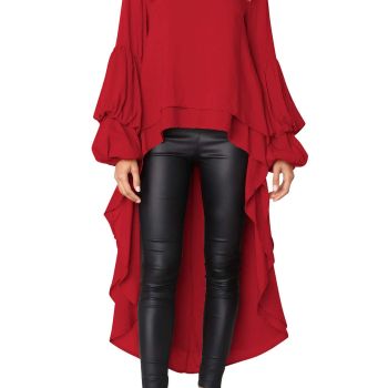 Women's Lantern Long Sleeve Round Neck High Low Asymmetrical Irregular Hem Casual Tops Blouse Shirt Dress (Red,Large)