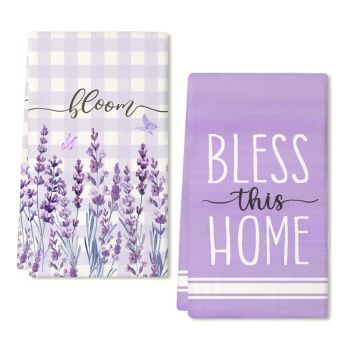 Purple Lavender Spring Kitchen Towels Dish Towels Set of 2,Bless This Home Sign Hand Towels 18x26 Inch Drying Dishcloth,Farmhouse Home Seasonal Spring Decorations AD288