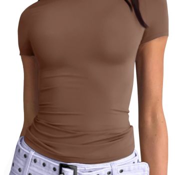 Womens T Shirts Casual Basic Going Out Tops Summer Slim Fit Short Sleeve Spring Crop Tops Crew Neck Tight Y2k Outfits Teen Girls 2024 Coffee
