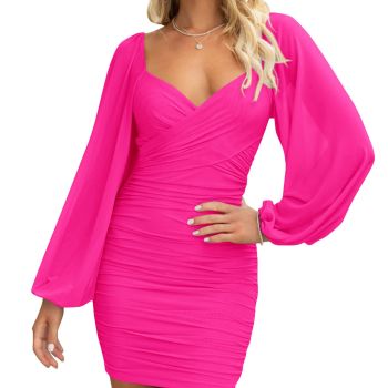 Women's Mesh Ruched Bodycon Dresses 2023 Summer Fall Cross V Neck Long Sleeve Evening Hot Pink Elegant Mini Dress(Solid Rose Red