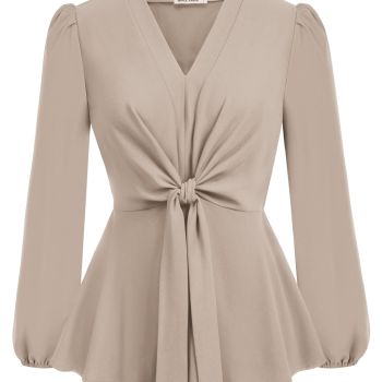 Light Khaki Peplum Tops for Women V Neck Tie Front Work Shirts Tops Dressy L