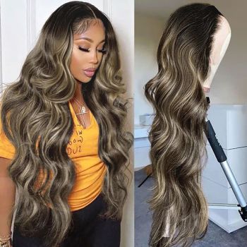Brown to Blonde Wig Natural Long Wavy Wig Middle Part Heat Resistant Synthetic Wig for Wedding Date Party Daily Use 26 Inch