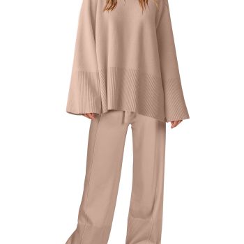 Women's Two Piece Outfit Lounge Set Long Sleeve Knit Pullover Sweater Top and Drawstring Wide Leg Pants Sweatsuit Travel Clothes 1108shenxing-L