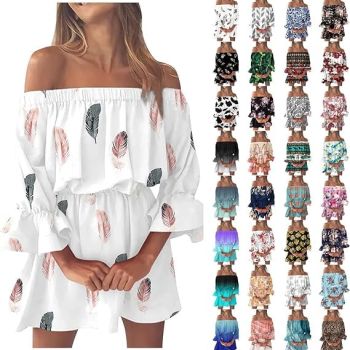 Off Shoulder Dresses for Women Casual Mini Summer Floral Long Sleeve Elastic Waist Ruffles Floral Party Short Dress