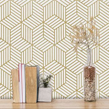 Gold and White Geometric Wallpaper Peel Stick Hexagon Removable Self Adhesive Stripes Paper Vinyl Film Decorative Shelf Drawer Liner Roll Waterproof 17.7”×118”