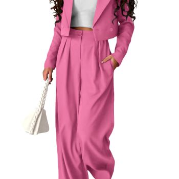Women's 2 Piece Casual Outfits Cropped Blazer Jackets High Waisted Wide Leg Work Pants Suit Set (Pink,Large)
