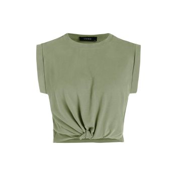 Solid Round Neckline Twist Short Sleeve Crop Top: Green