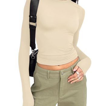 Womens Long Sleeve Crop Tops Basic Spring Shirts Tees Tight Slim Fit Cute Going Out Outfits Teen Girls Fall Winter Y2k Clothing 2024 Apricot